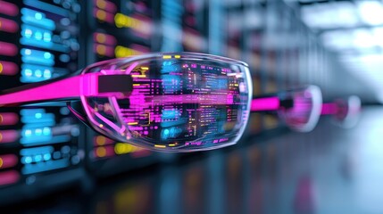 Futuristic Glasses with Digital Data Reflections in Server Room