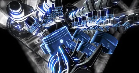 Leinwandbilder - Camera Zooms on Transparent Hood Revealing Spark Plug Ignitions and Pistons. Industry And Technology Related 3D Animation.