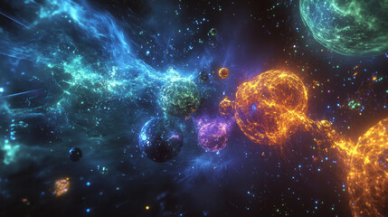 colorful cosmic nebula with planets and stars