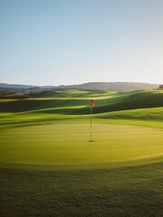 Aufkleber - Serene golf course with flag marking the hole amidst rolling green hills at sunset Generative AI