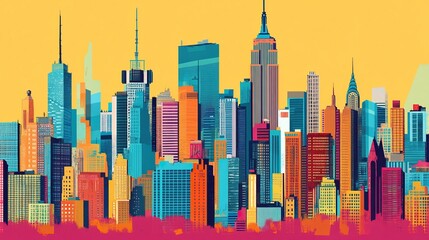 Colorful stylized New York City skyline.