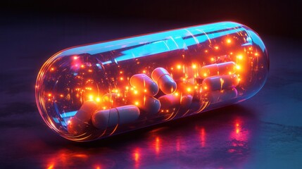 Poster - Futuristic transparent pill bottle with glowing capsules in a high tech environment featuring cyberpunk aesthetics Generative AI