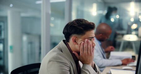 Poster - Tired, stress and computer with business man in office for research glitch, headache and admin report. Debt manager, fatigue and planning with employee in agency for client feedback and broker