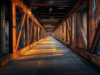 Wall Mural - sunlit rusty metal walkway, long perspective, wooden floor, industrial architecture.