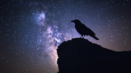 Wall Mural - silhouette of a crow perched on a rock against a backdrop of the milky way galaxy.