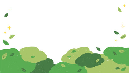 Wall Mural - Fresh green background frame of leaves and trees, cute hand drawn illustration with texture / 葉と木の爽やかなグリーンの背景フレーム、テクスチャのあるかわいい手描きイラスト