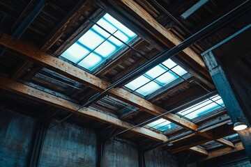 Wall Mural - low-angle view of industrial building's ceiling with skylights and wooden beams.