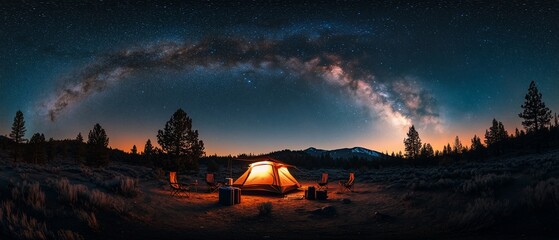 Wall Mural - illuminated campsite under a stunning night sky showcasing the milky way galaxy.
