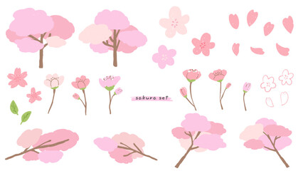 Wall Mural - Cherry blossom and sakura tree with petals, cute simple hand drawn illustration set with textures / 桜と桜の木と花びら、テクスチャのあるかわいいシンプルな手描きイラストセット