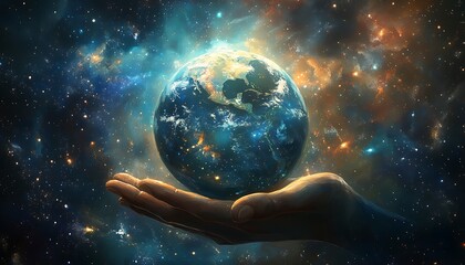 Earth cradled in a hand against cosmic backdrop.