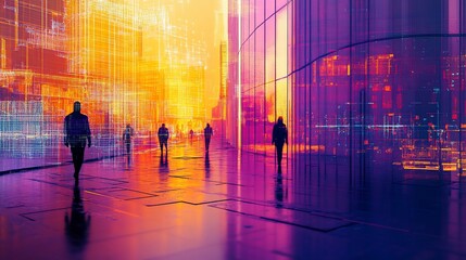 Wall Mural - silhouetted figures walking on a futuristic city street at sunset, vibrant colors and digital overla
