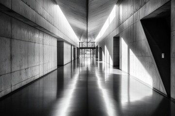 Wall Mural - sunlit minimalist concrete corridor with reflective floor.