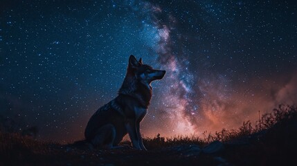 Wall Mural - majestic wolf silhouette against a vibrant night sky filled with stars and the milky way galaxy.