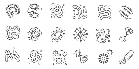 Microbe and Bacteria outline icons set - Microorganism and Virus concept vector