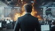 © pattozher - Man in Suit Witnessing Fire: A solitary man in a suit stands with his back to the camera, observing a chaotic scene of a raging fire engulfing a modern office building. Smoke billows through the room.