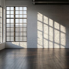 Wall Mural - sunlit empty loft interior with large window, white brick walls, and dark hardwood floors.