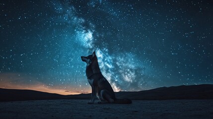 Wall Mural - a lone dog sits under a breathtaking night sky filled with stars and the milky way galaxy, silhouett