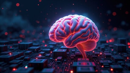 Virtual thinking systems, A glowing brain amidst circuits in digital void energy connecting neurons holograms pulsing realistic detail galaxy back