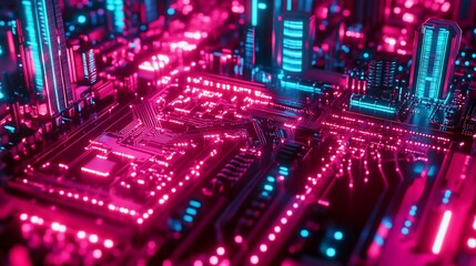 Wall Mural - Abstract neon pink and blue glowing circuit board, futuristic city concept.