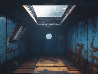 Wall Mural - rusty, dark interior of an old vessel with a skylight and porthole.