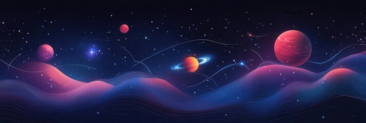 Poster - Cosmic landscape filled with planets and symbols interconnected by glowing lines in a deep blue nebula at night