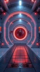Wall Mural - Digital technology white and red laboratory round booth poster background