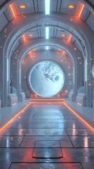 Wall Mural - Digital technology white and red laboratory round booth poster background