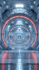 Wall Mural - Digital technology white and red laboratory round booth poster background