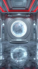Wall Mural - Digital technology white and red laboratory round booth poster background