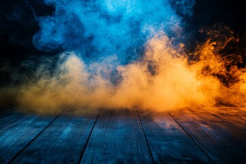 Wall Mural - blue and orange smoke billowing over rustic wooden planks.