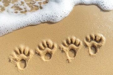 Fototapete - Dog paw prints on golden sand at the beach leading towards gentle waves in bright sunlight Generative AI