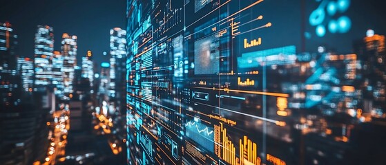 Digital Data Stream Over Cityscape at Night