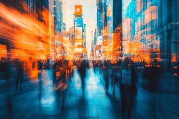 Wall Mural - motion blurred crowd walking in a vibrant city street at sunset.