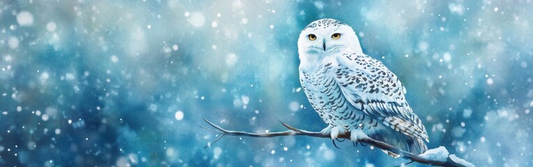 Poster - Majestic snowy owl perched on a branch amidst a serene winter wonderland with snowflakes softly falling