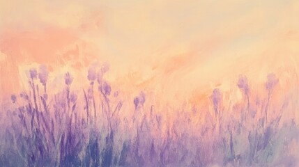 Poster - Soft pastel landscape with lavender fields under a serene sky at twilight