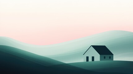 Aufkleber - Soft abstract silhouette of a house on rolling hills in muted colors with a gentle gradient sky at dawn