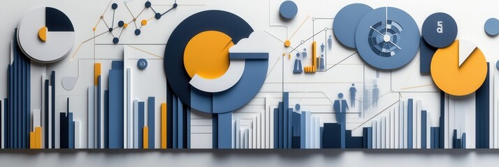 Poster - Sophisticated paper art background with layered charts and interconnected silhouettes for political analysis Generative AI