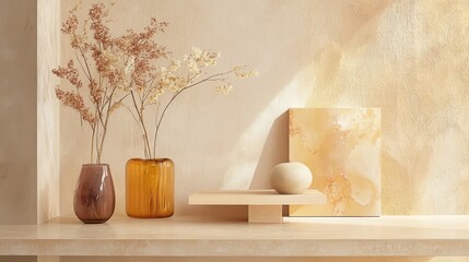 Aufkleber - Minimalist display of amber and peach tones highlighting natural elements on a serene shelf