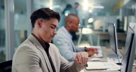 Aufkleber - Fatigue, stress and computer with business man in office for research glitch, headache and admin report. Debt manager, tired and planning with employee in agency for client feedback and broker