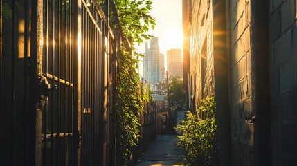 Wall Mural - sunlit urban alleyway with overgrown vegetation, leading to city skyline at sunset.