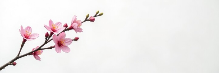 Wall Mural - Single branch with flowers on white background, monochrome, emptiness, greenery
