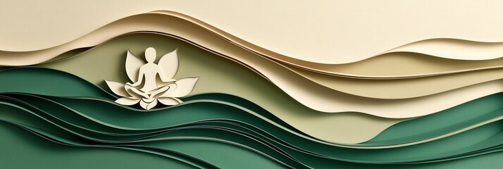 Poster - Serene paper art background with wave like layers and meditating figure for a calming atmosphere Generative AI