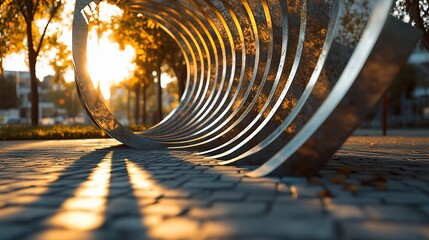 Wall Mural - modern metal bench in park at sunset, casting shadows on pavement.