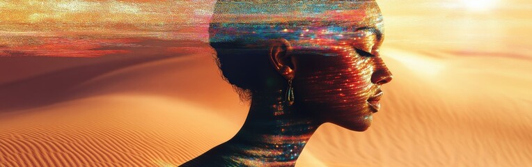 Aufkleber - Surreal glowing woman in a desert landscape at sunset