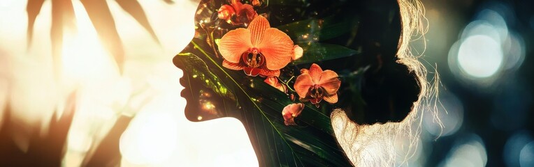 Poster - Surreal glowing representation of a woman amid vibrant flowers and foliage in a mystical forest setting