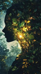 Poster - Surreal representation of a glowing woman surrounded by lush foliage in a mystical forest at twilight