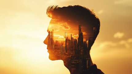 Poster - Surreal portrait of a glowing man against a city skyline during sunset