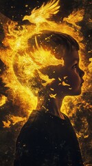 Aufkleber - Surreal portrait of a glowing child surrounded by magical birds in an ethereal landscape at twilight