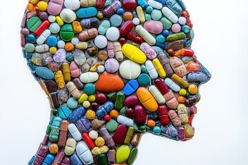 Aufkleber - Intricate mosaic of colorful pills forms human silhouette showcasing artistic creativity and detail in design Generative AI