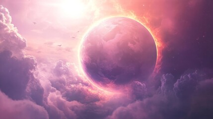 Fototapete - A stunning digital rendering of a mysterious fiery planet engulfed in vibrant orange and yellow hues, surrounded by ethereal clouds and radiant light. Ideal for sci-fi, fantasy themes, or cosmic